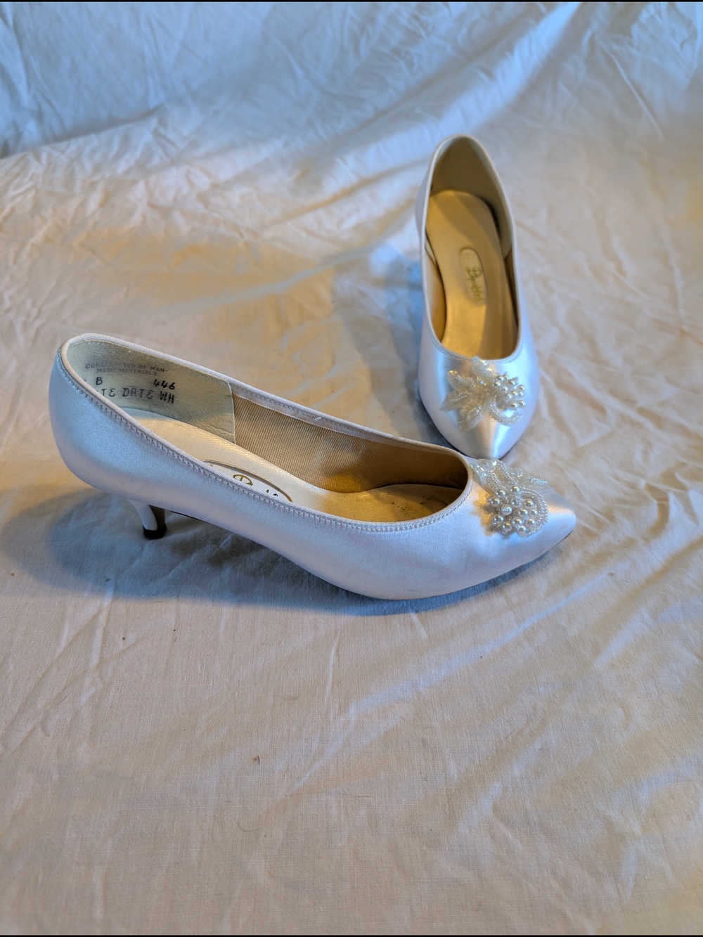 2/80$ Vintage White Satin Peep-Toe Heels with Beaded Floral Accent